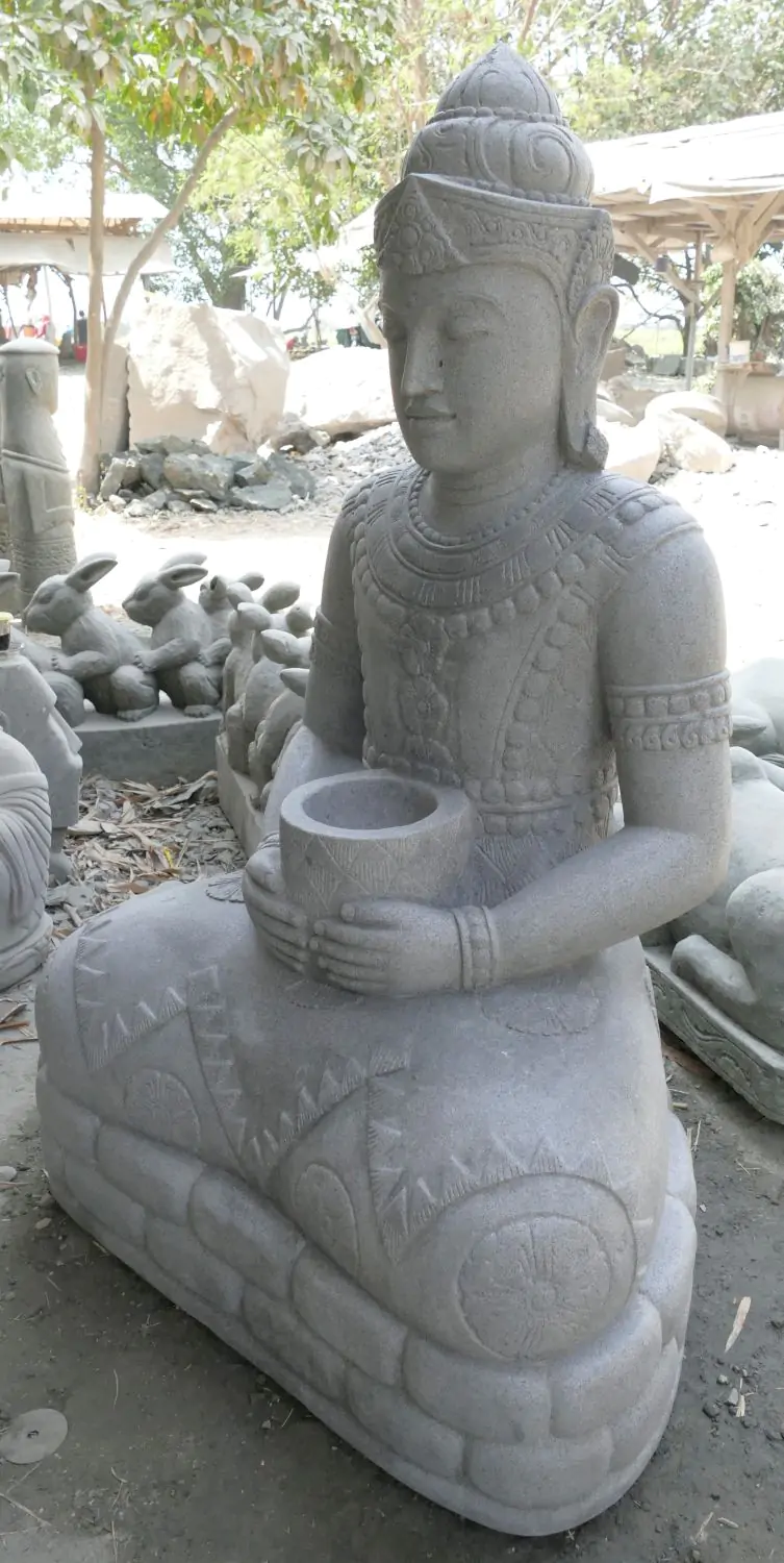  Product image 8 of the product “Seated Buddha in Thai style made of Riverstone, Holds a vessel in his hands, H. 154cm. ”